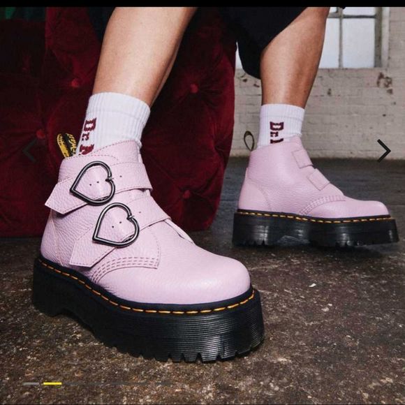 Dr. Martens Light Pink Devon Heart Leather Platform Boots - Picture 1 of 14
